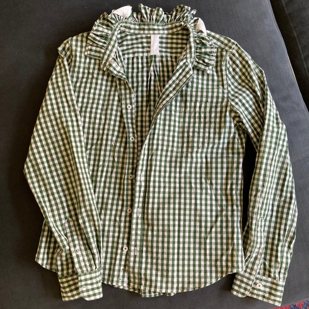Green gingham button down blouse with ruffled collar